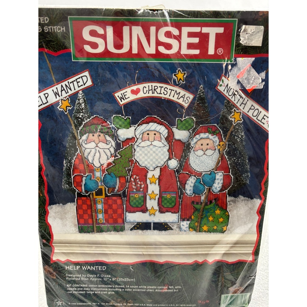 Vintage 1998 Sunset Counted Cross Stitch Kit "Help Wanted" Santa Trio 18353 - Picture 2 of 7